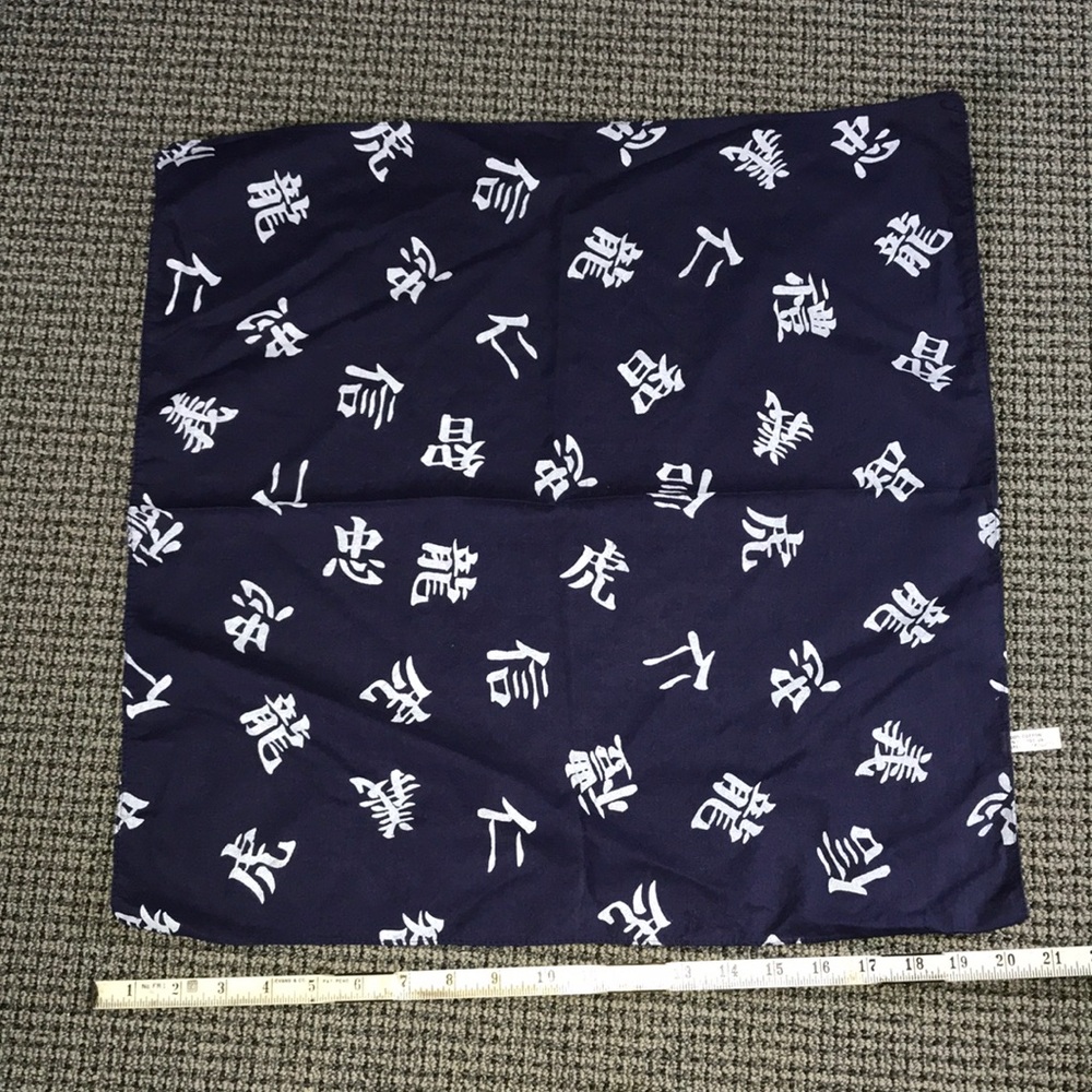 Navy Blue Printed Square Scarf with White Asian Character Motif